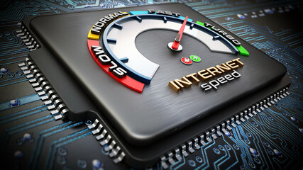 Obraz premium Internet speed dial on computer chip standing on blue PCB. 3D illustration
