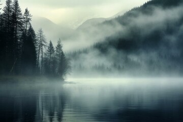 massive mist above a lake. Generative AI - obrazy, fototapety, plakaty