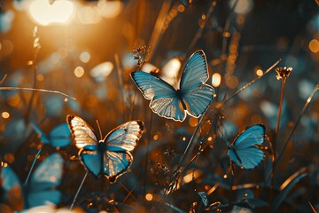three blue butterflies in a field with the sun in the background