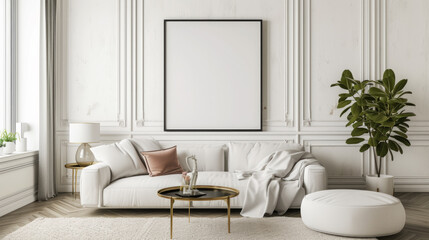 Mockup poster frame on the wall of living room. Luxurious apartment background with contemporary design. Modern interior design, Generative Ai.