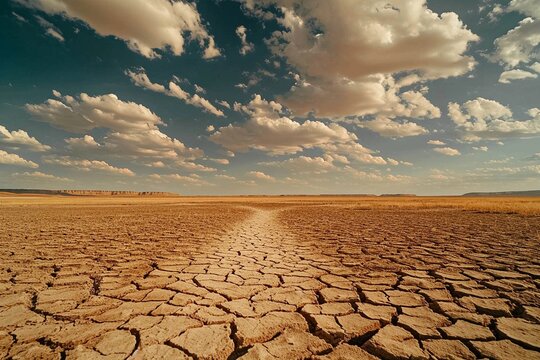 a cracked up and dirt ground with clouds in the sky