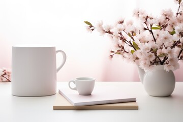 Obraz na płótnie Canvas romantic desk mockup, pink flowers, coffee cup and blank card for mockup. ai generated