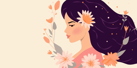 Beautiful profile of a young girl surrounded by flowers.