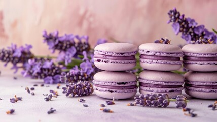 Obraz na płótnie Canvas Stack of purple macarons decorated with lavender on a festive background