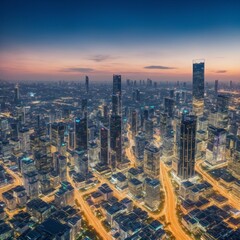 overhead view of modern bangkok city with at dusk,skyscrapers lit up against the night sky