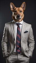 Stylish dog in elegant suit and tie. Fashion portrait of anthropomorphic animal with charismatic human attitude