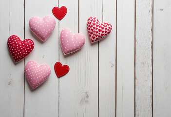 Heart decorations on white wooden backdrop. Celebrating Valentines Day and Mother's Day. Creative design.