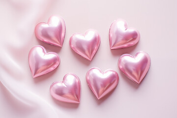Obraz premium Eight glossy pink hearts scattered on a white background. Concept: Valentines Day, love, relationships, romantic events. Plenty of copy space.