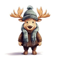 Illustration of a cute moose wearing a knitted hat, scarf and jacket on a white background.