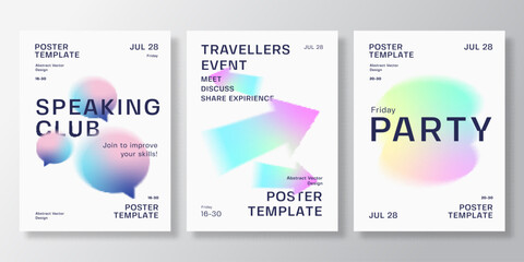 Blurry shapes with y2k aura brutalism effect abstract vector poster templates collection. Colorful decorative holographic gradient elements with typography. Trendy distressed banners set Isolated