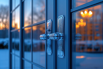 Close-up of an ornate door handle with a warm indoor glow and sunset in the backdrop.