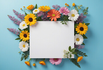Fototapeta premium Blank paper card on blue background with lovely flower arrangement above.