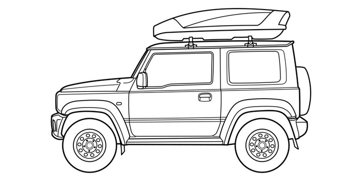 Ivano-Frankivsk, Ukraine - 24 November 2023: Outline drawing of a Suzuki Jimny Fourth generation classic executive compact suv car, crossover car from side view. Hand drawn vector doodle illustration