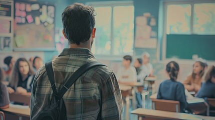Back view of male student with backpack standing in classroom and looking at camera - obrazy, fototapety, plakaty