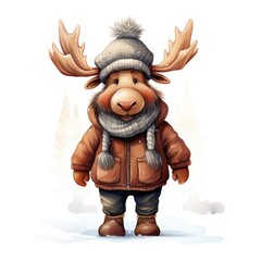 Watercolor illustration of a cute moose wearing a knitted hat, scarf and jacket on a white background