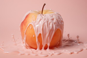 Peach in yogurt on a pink table