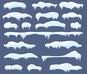 Snow drifts. vector illustration. Snowflackes caps hanging from the roof. Snow with icicles. Snow on a blue background. Set of snow caps with icicles. Detail for winter landscape or illustration
