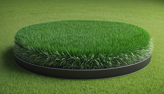 Green Grass Podium on White Round Platform - 3D Render Illustration of Lush Lawn Field with Garden Patch on Isolated Land Background
