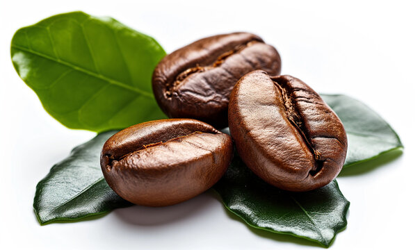 Coffee beans and leaves isolated on white background. Coffee beans. Arabica, rabusta.