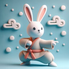 Cute Kung-Fu Cartoon Rabbit. 3D minimalist cute illustration on a light background.