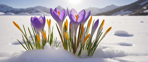 Blooming Crocus Flowers in Spring Sunshine - Winter's Farewell