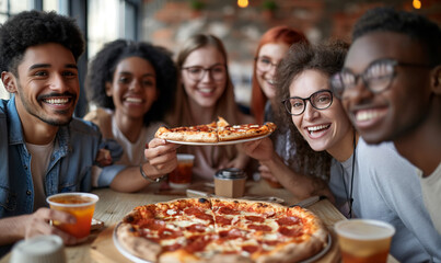 A group of young people in a pub eat pizza and drink drinks. Friends. A cheerful group of teenagers. Food in a restaurant.