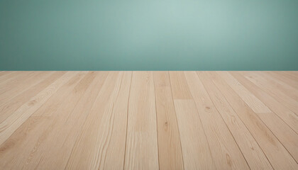 Wooden table top contrasting with teal background for product display concept.