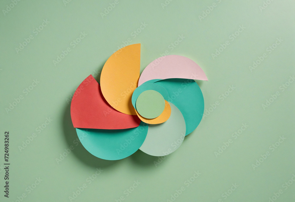 Aufkleber vivid geometric design on light green paper texture. top view of colorful circle and triangle shapes