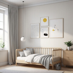 Children's Bedroom Mockup Poster Frame with Scandinavian Interior Background - 3D Rendering