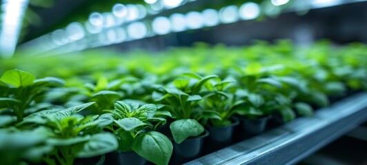 Close-up of crop seedlings. Plants are growing from seeds in trays in a greenhouse. Seedling nursery. Smart farming, innovative organic agriculture.