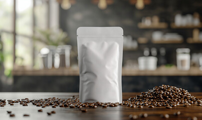 Packaging of coffee on a wooden table with coffee, ground beans on a blurred background. Coffee packaging mockup with empty space for design.