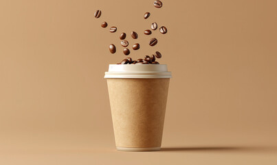 Mockup of a paper cup of coffee, on a light brown background. coffee mockup. Coffee beans fly out of a glass of coffee to go