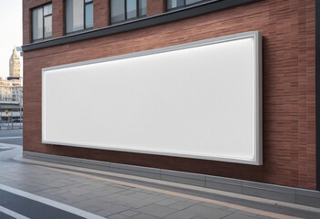 Urban digital billboard on white wall. Mockup for advertisement display with city backdrop. - obrazy, fototapety, plakaty