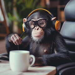 A bespectacled primate enjoys a moment of relaxation, sipping coffee from a mug while listening to music, creating a charming indoor scene of a sophisticated chimpanzee - obrazy, fototapety, plakaty