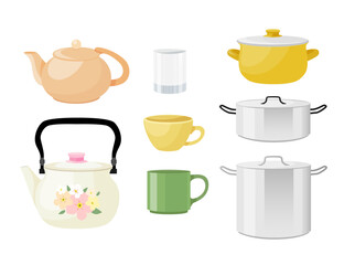 Vector set of saucepans, teapots and cups isolated on white background. A set of kitchen utensils.