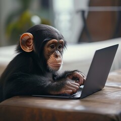 Amidst the modernity of an indoor setting, a curious chimpanzee sat intently at a laptop, showcasing the intelligence and adaptability of this primate species