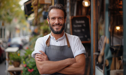 Obraz premium Portrait of a happy man standing at the door of his store. Cheerful mature business owner is waiting for clients in a cafe. Successful small business owner wearing an apron standing at the entrance. 