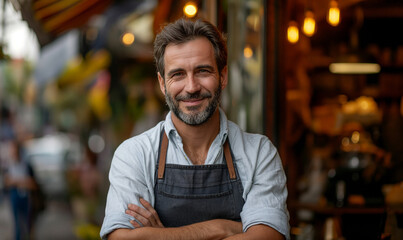 Portrait of a happy man standing at the door of his store. Cheerful mature business owner is waiting for clients in a cafe. Successful small business owner wearing an apron standing at the entrance.  - Powered by Adobe