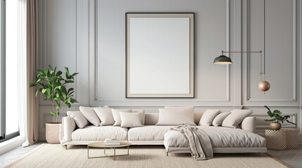 Fototapeta premium Mockup poster frame on the wall of living room. Luxurious apartment background with contemporary design. Modern interior design, Generative Ai.