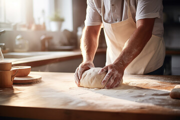 Baker kneading dough in the kitchen. Close up shot, hands of chef preparing fresh dough for bread,...