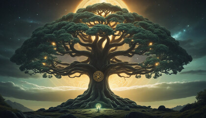 Sacred Tree of the Vikings. Glowing Yggdrasil The Legendary World Tree Of Vikings. Generative AI - obrazy, fototapety, plakaty