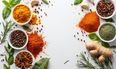 Spices in bowls. Colorful various herbs and spices for cooking in wooden bowls on a marble background. Assortment of natural spices. Healthy spice concept.