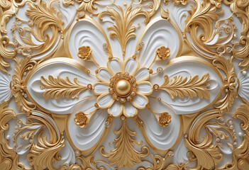 Fototapeta na wymiar Luxurious 3D wallpaper with golden floral and swan design for elegant interior walls