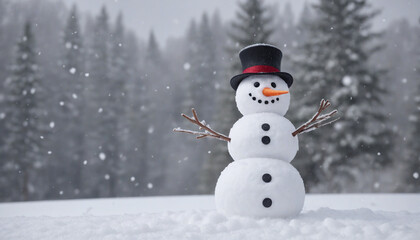 Obraz premium Cheerful snowman in snowy winter landscape with room for text