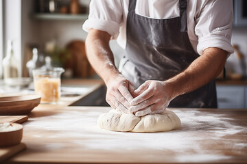 Baker kneading dough in the kitchen. Close up shot, hands of chef preparing fresh dough for bread, pizza or pasta out of flour. - obrazy, fototapety, plakaty