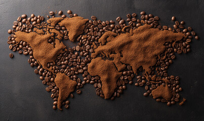 World map made of coffee beans on a texture table. Coffee bean extraction concept. Coffee...