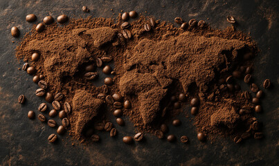 World map made of coffee beans on a texture table. Coffee bean extraction concept. Coffee...