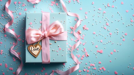 A sophisticated pastel-themed gift box adorned with bows, ribbons, and a tag that reads "Love" [Valentine's Day banner elegant pastel colours]