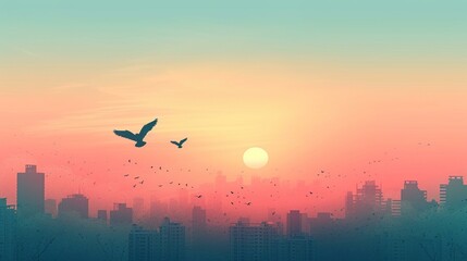 A minimalist pastel skyline with a subtle heart-shaped moon and two lovebirds flying, [Valentine's Day banner elegant pastel colours]