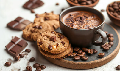 Fototapeta premium Chocolate chip cookies and a cup of hot chocolate on a black texture background.Dark chocolate cookies home made stacked with chocolate chips and cocoa. Delicious pastries. Place for text